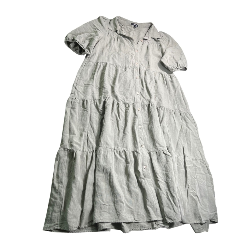 Mittoshop Womens L Sage Tiered Maxi Dress Button Front Puff Sleeve Cottagecore